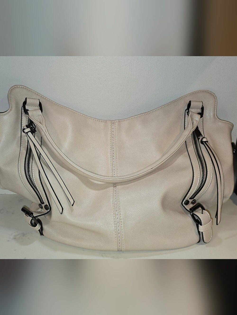 faux-leather Cream hobo shoulder bag with slouchy sides, double shoulder straps